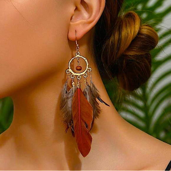 Bohemian Handmade Feather Dangle Earrings, Tribal Design, Western, Boho, Fr… - Picture 2 of 4